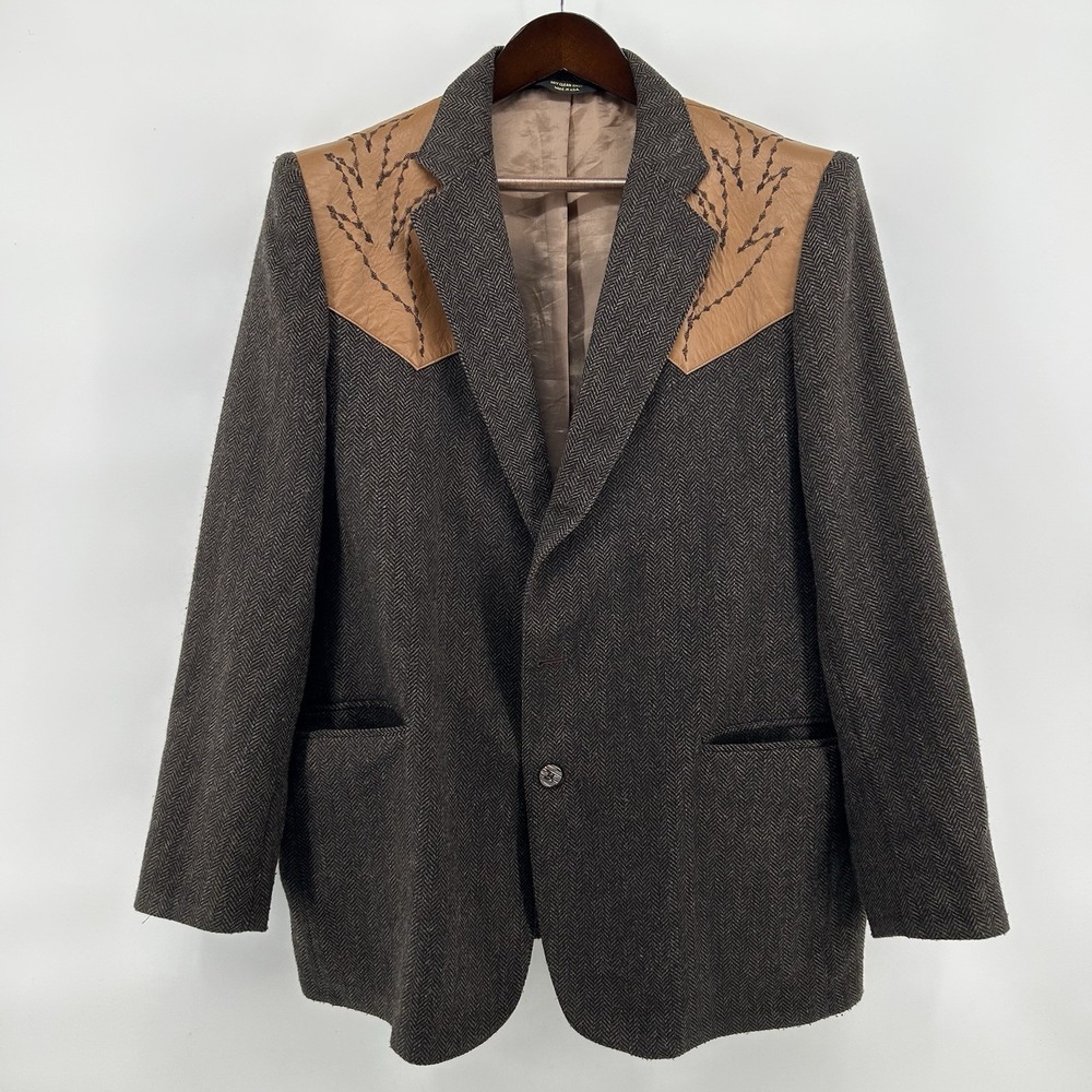 Tregos Westwear Mens 46R Brown Western Wool Blazer Leather Yoke Herringbone USA